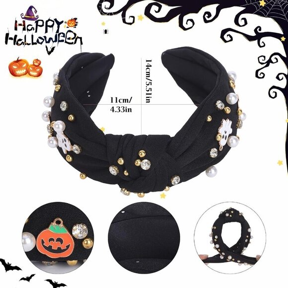 Halloween Headbands 2 Pack Wide Knot Ghost Pumpkin Skull Rhinestone Pearl main image 7